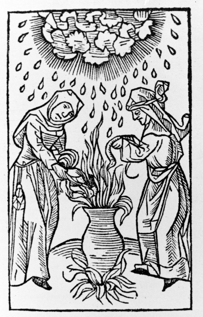 Duas bruxas preparando uma poção, convocando uma tempestade de granizo - grav. de lanijs et phitonicis mulieribus", Colônia de German School