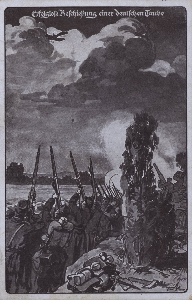 Tentativa infrutífera de abater um avião alemão, Primeira Guerra Mundial (litografia) de German School