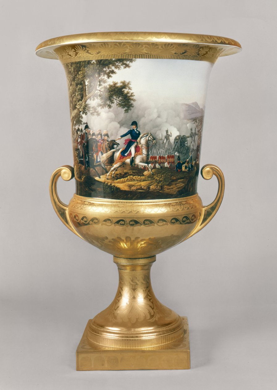 Urna representando o duque de Wellington em uma cena de batalha do Prussian Dinner Service, Berlim, 1816-19 (porcelana e dourada) de German School