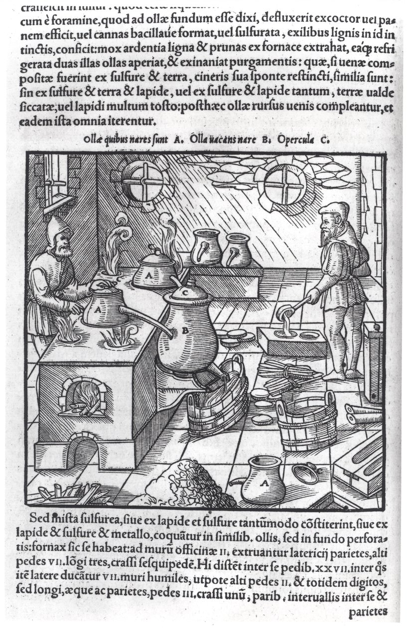 Usando Enxofre, de De Re Metallica por Georg Bauer (1494-1566), conhecido como Agrícola de German School