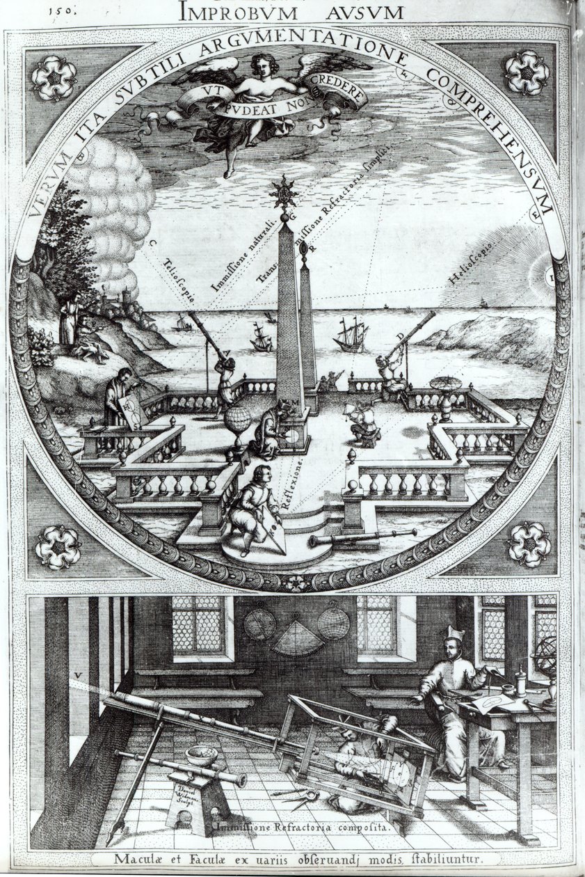 Vários métodos de observação de manchas solares, ilustração de Rosa Orsina por Christoph Scheiner, publicada em 1630 (para detalhes ver 294058) de German School