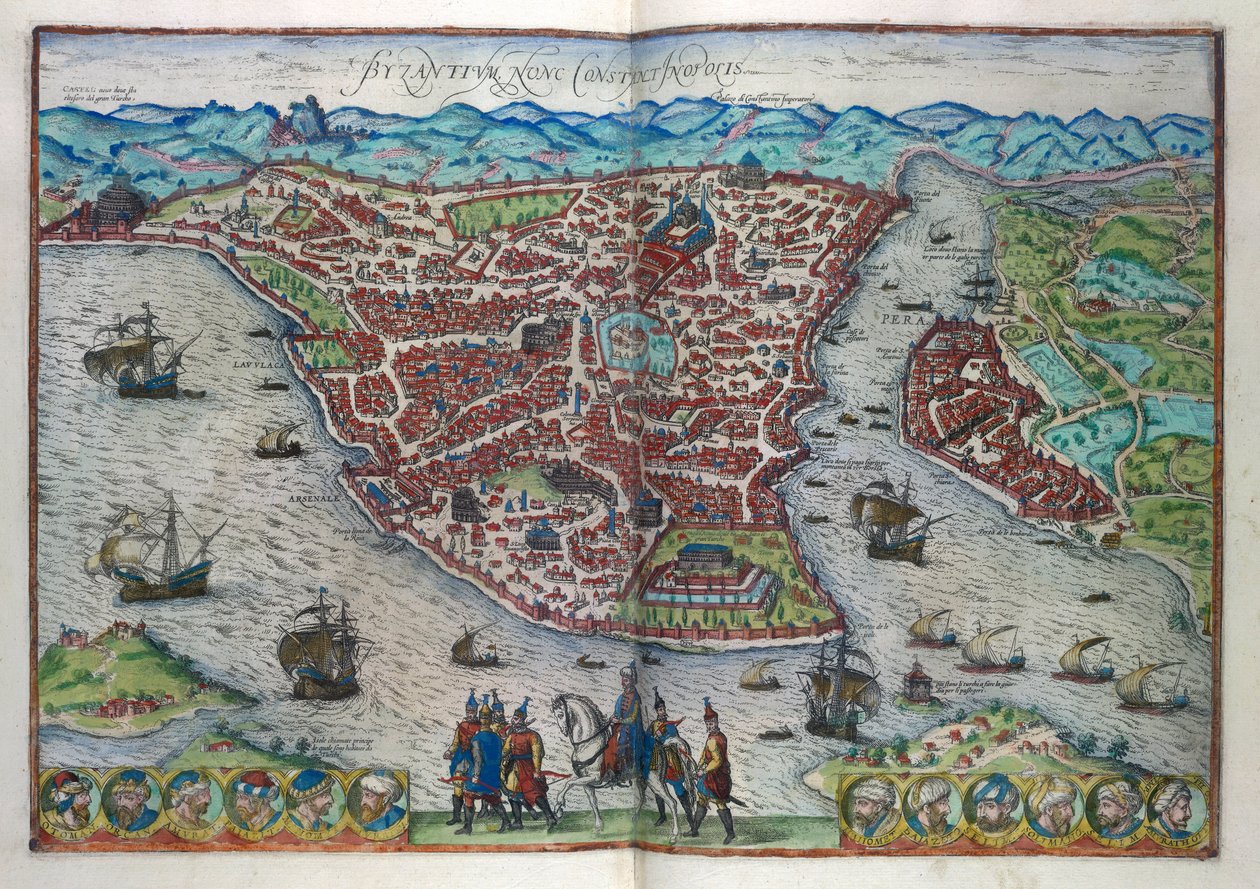 Vista de Constantinopla (gravura a cores) de German School