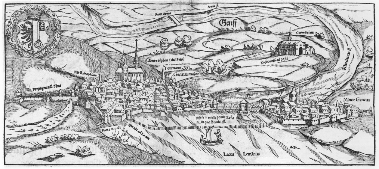 Vista de Genebra, da Cosmographie Universelle por Sebastien Munster (1488-1552) Basel, publicado em 1559 de German School