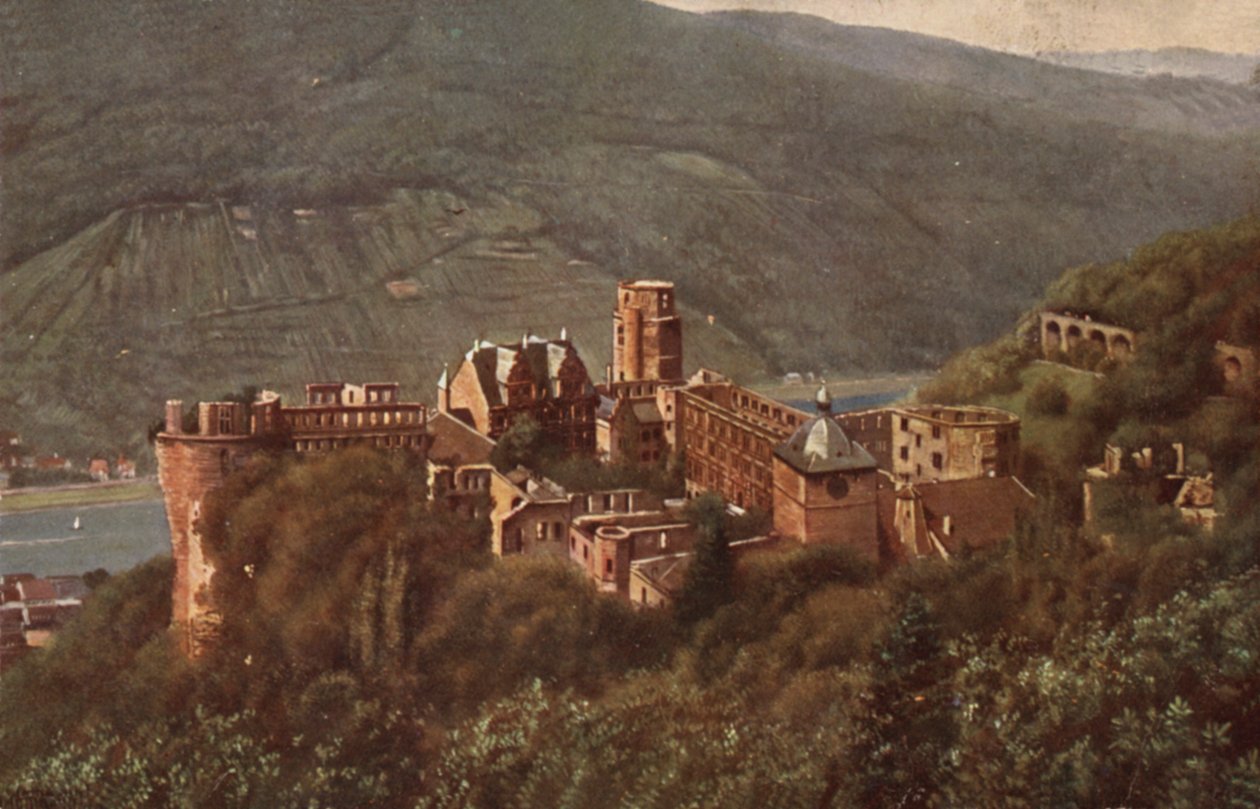 Vista do Castelo de Heidelberg a partir do Molkenkur (litografia a cores) de German School