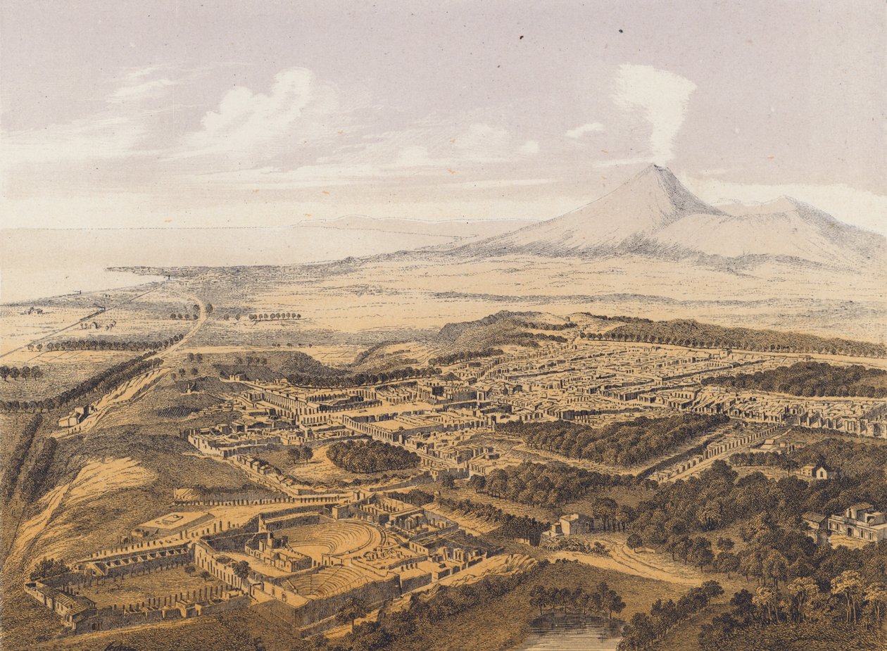 Vista de Pompeia, Campânia, Itália (litografia a cores) de German School