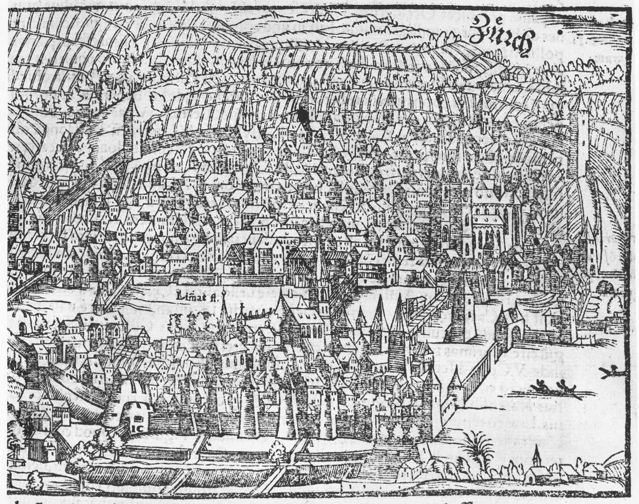 Vista de Zurique, da Cosmographie Universelle por Sebastien Munster (1488-1552) Basel, publicado em 1559 de German School