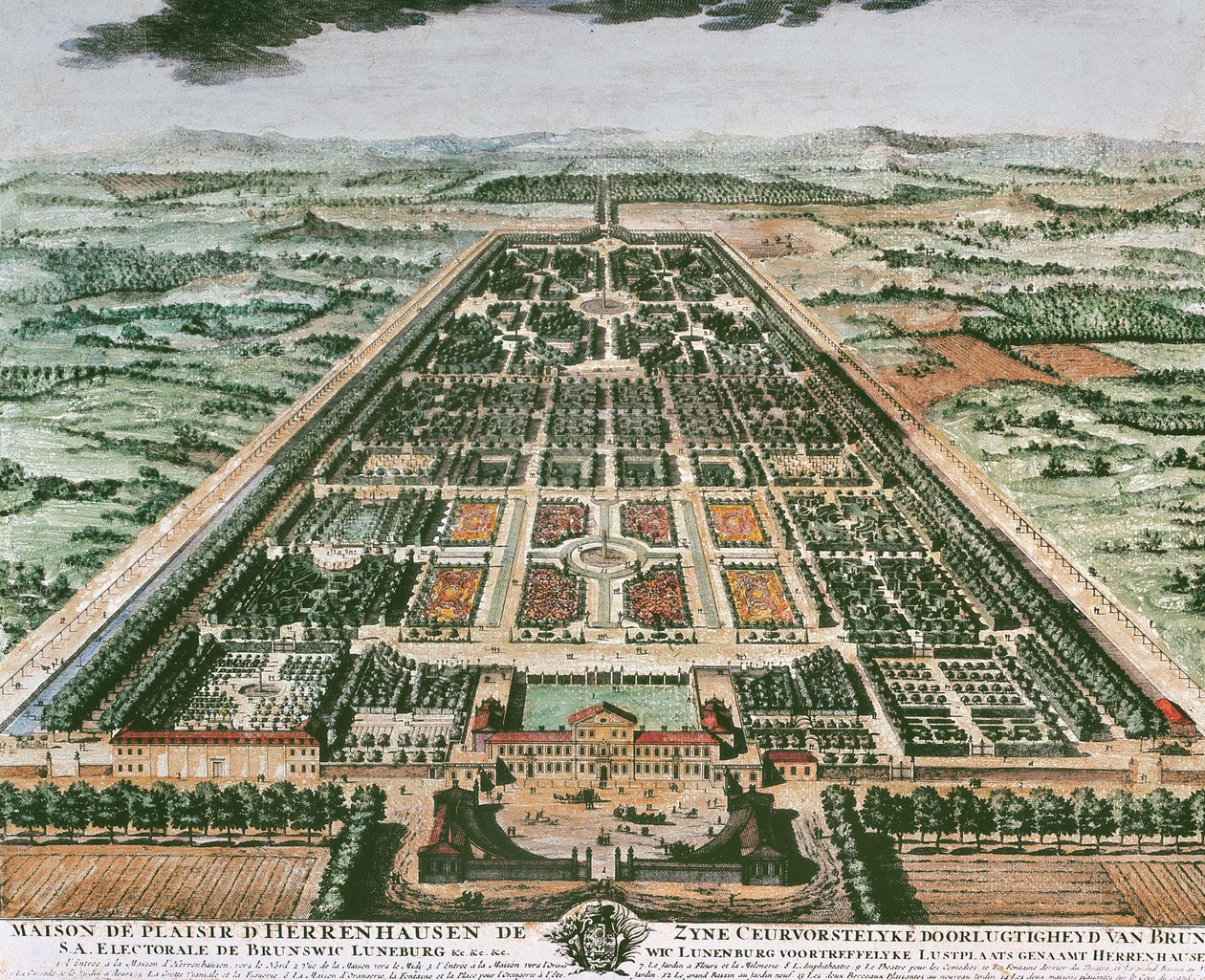 Vista do jardim do Castelo de Herrenhausen, cerca de 1708, impressão a cores, Alemanha de German School