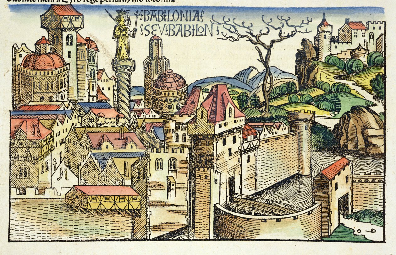 Vista da antiga cidade da Babilônia, do Nuremberg Chronicle por Hartmann Schedel (1440-1514) 1493 de German School