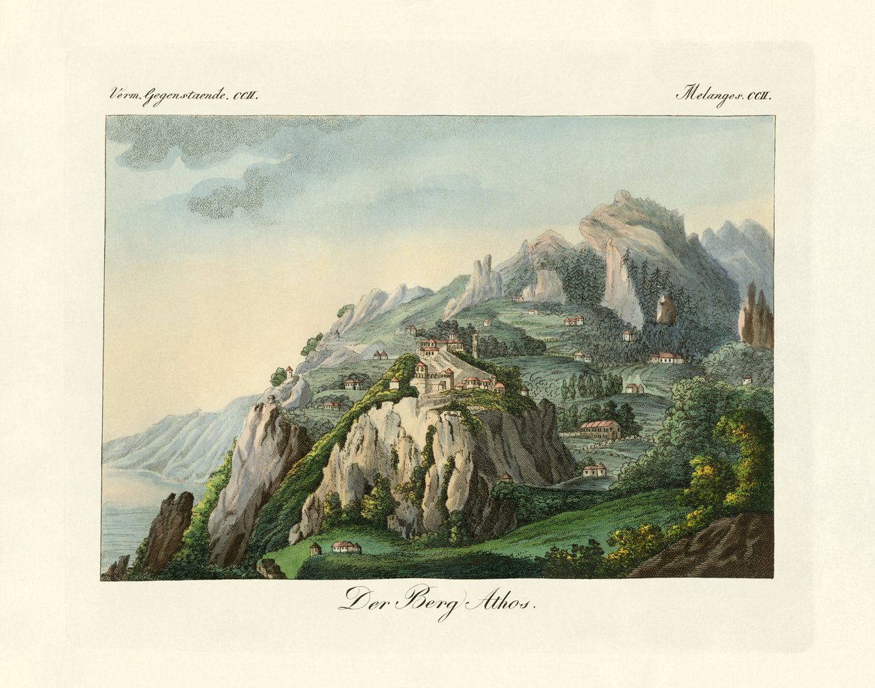 Vista do Monte Athos (gravura a cores) de German School