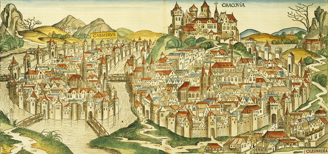 Vista da cidade de Cracóvia (Kracow), do Nuremberg Chronicle por Hartmann Schedel (1440-1514) 1493 de German School
