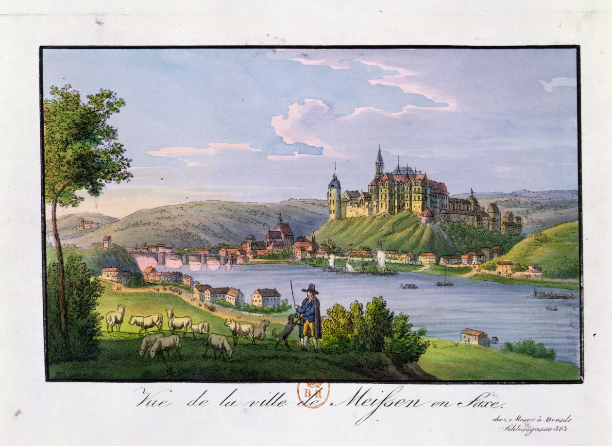 Vista da cidade de Meissen, local de nascimento de Christian Samuel Hannemann (1755-1843), (gravura a cores) de German School