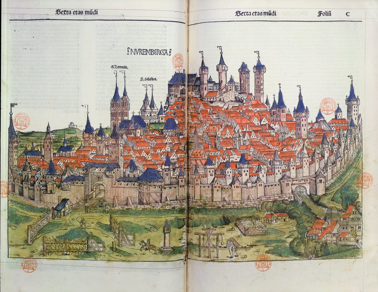 Vista da cidade de Nuremberg, do Nuremberg Chronicle por Hartmann Schedel (1440-1514) 1493 (cor xilogravura) de German School