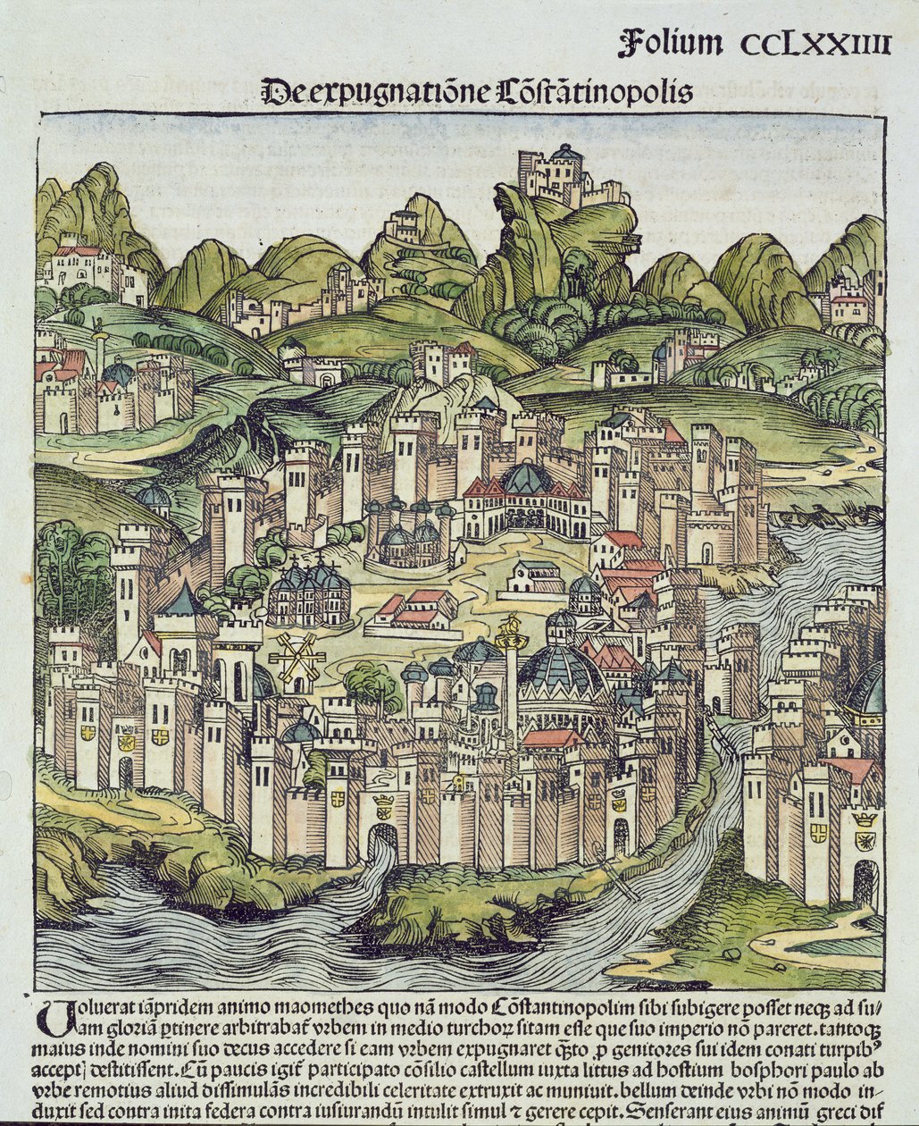 Vista da cidade murada de Constantinopla, do Nuremberg Chronicle por Hartmann Schedel (1440-1514) 1493 (woodblock) de German School