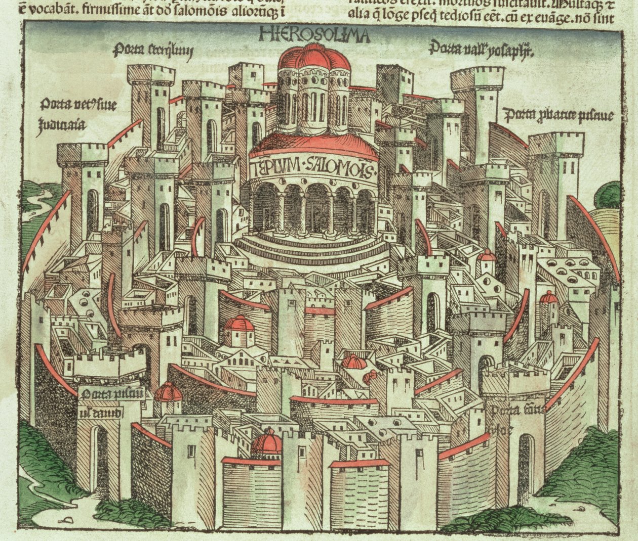 Vista da cidade murada de Jerusalém mostrando o Templo de Salomão e os portões da cidade, da Crônica de Nuremberg por Hartmann Schedel (1440-1514) 1493 de German School