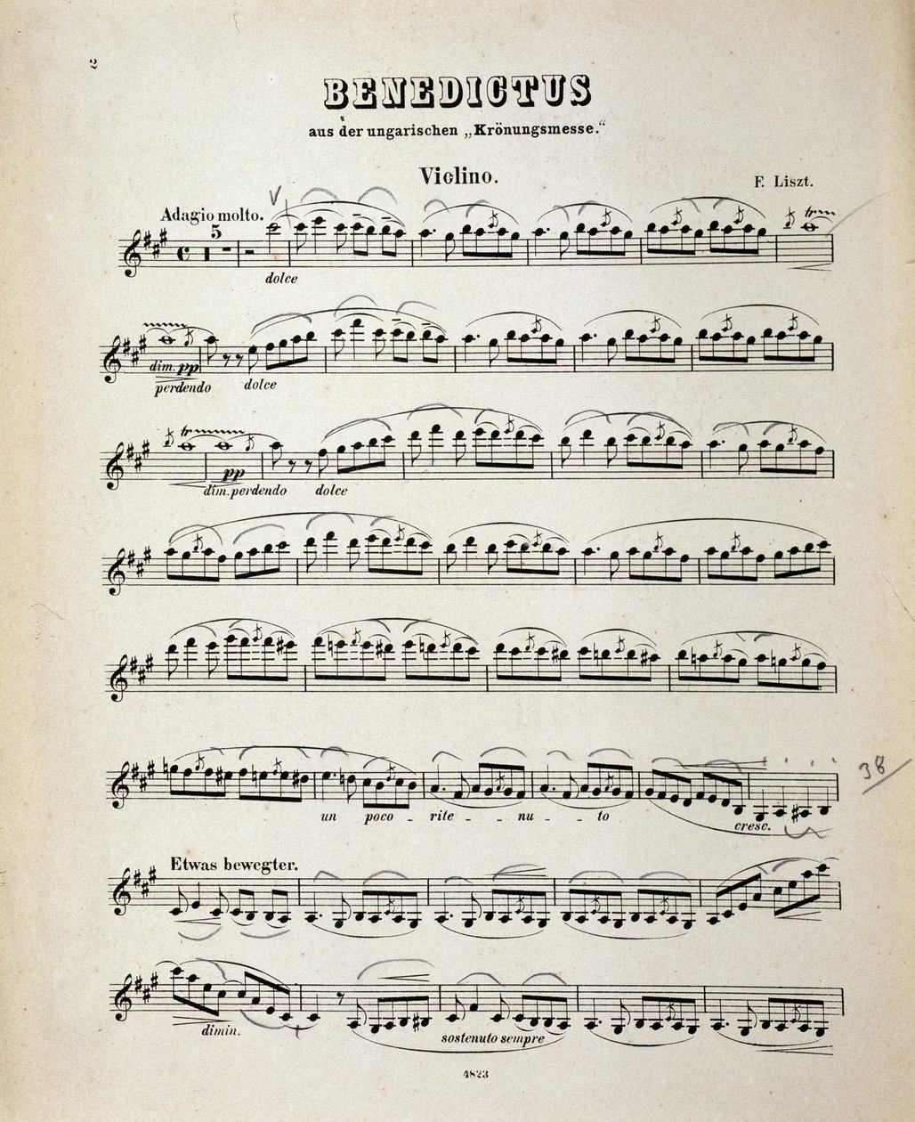 Página de partitura de violino da Missa de Coroação Húngara de Franz Liszt de German School