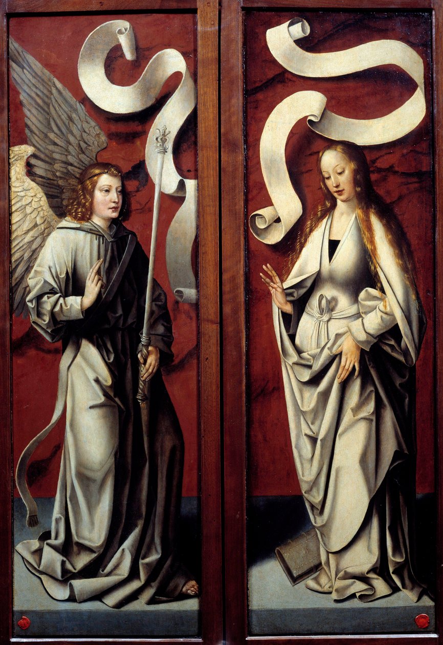 Virgem Maria e Anjo da Anunciação Inversão dos trechos trípticos da Adoração dos Magos. Pintura anônima da Escola Alemã. Egouen do século XV, Museu Nacional da Renascença de German School