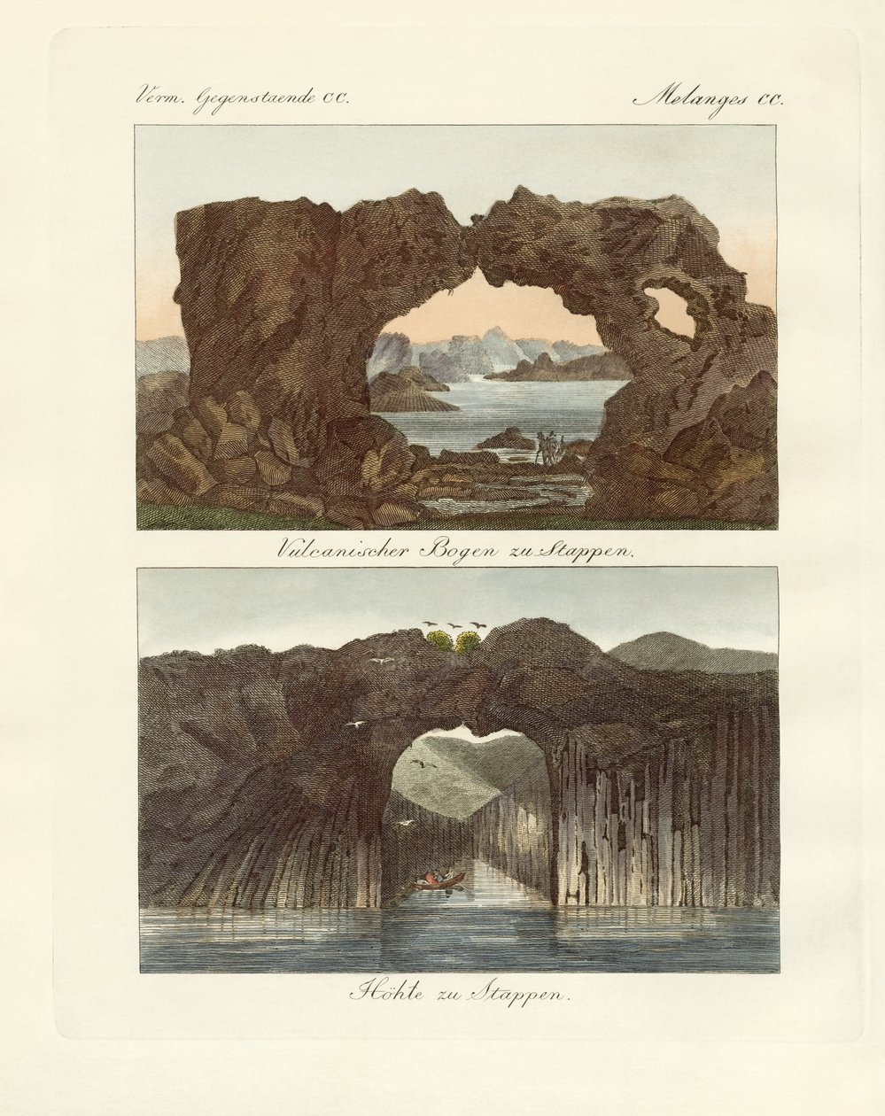 Arcos vulcânicos e cavernas (gravura colorida) de German School