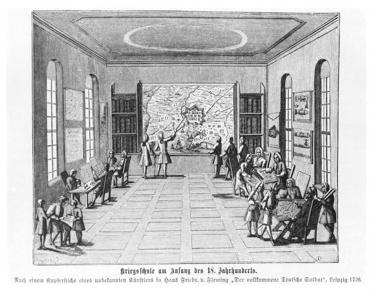 Escola de guerra, ilustração de &39;O soldado alemão perfeito&39; por Hans Friedrich van Fleming, 1726, publicado em Leipzig de German School