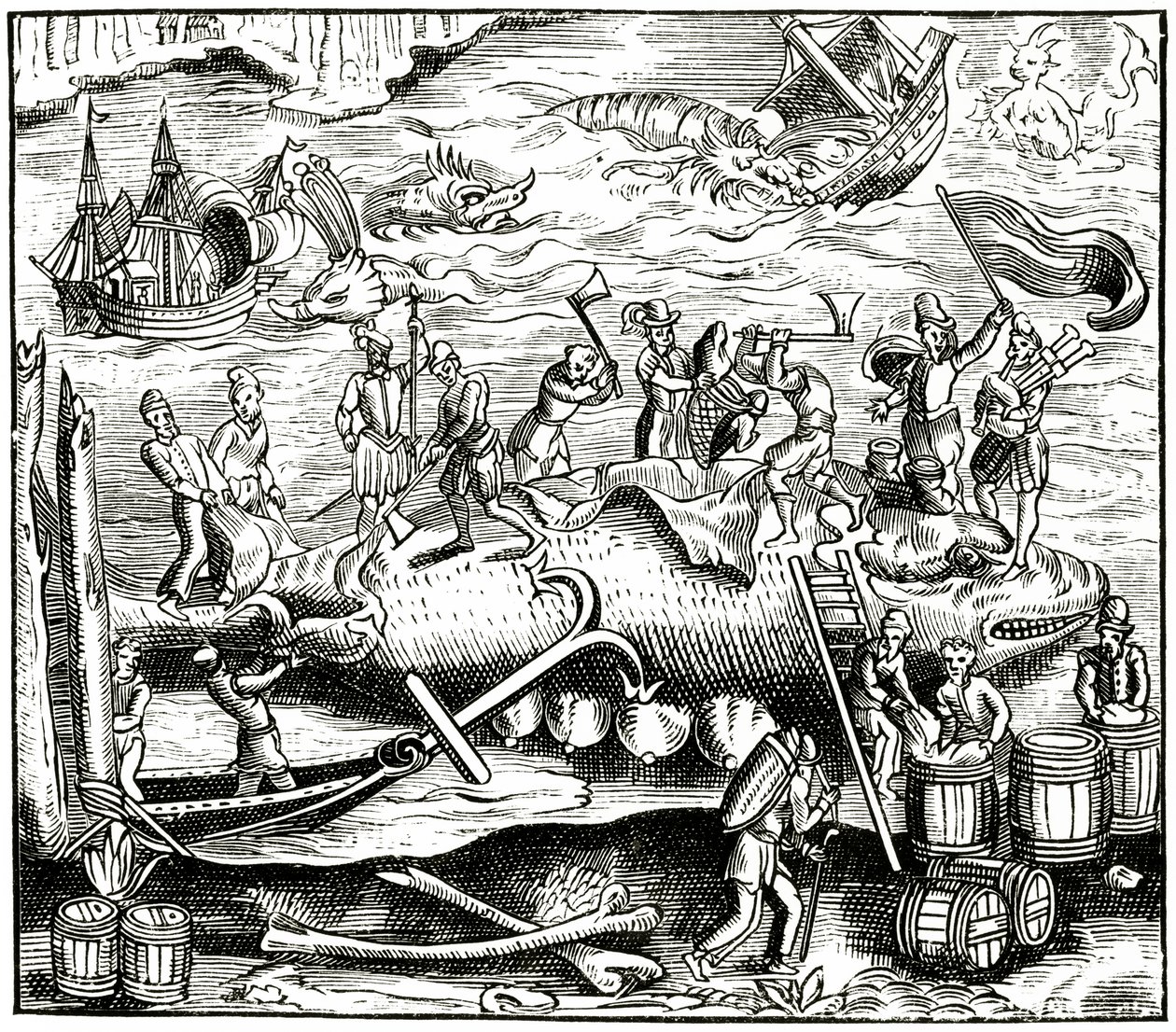 Baleia-pesca, depois de uma xilogravura na Cosmographie Universelle de Munster, publicou 1552 de German School