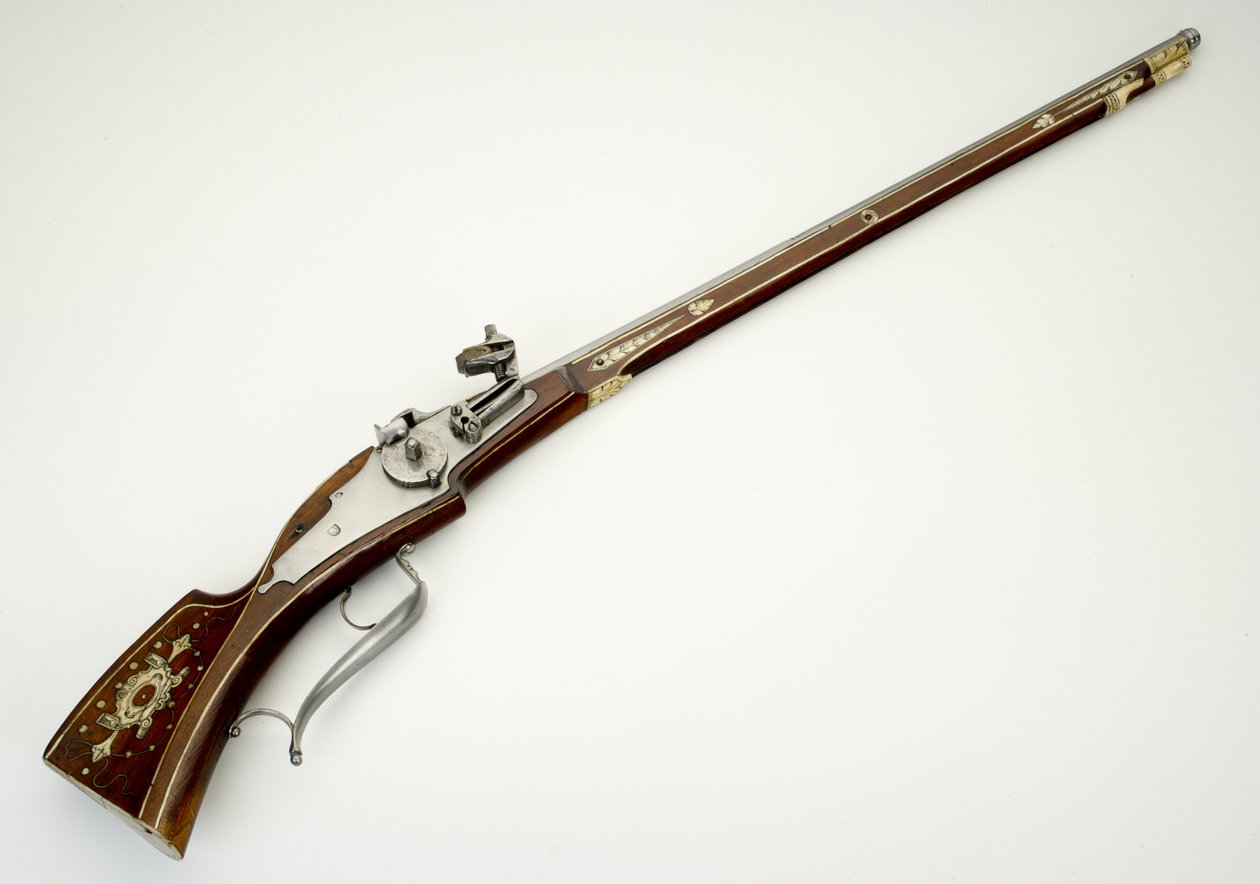 Carabina com fechadura de roda para a guarda pessoal (Trabanten) de Wolf Dietrich von Raitenau, príncipe-bispo de Salzburgo, c.1590 (aço, latão, osso, ferro e madeira) de German School