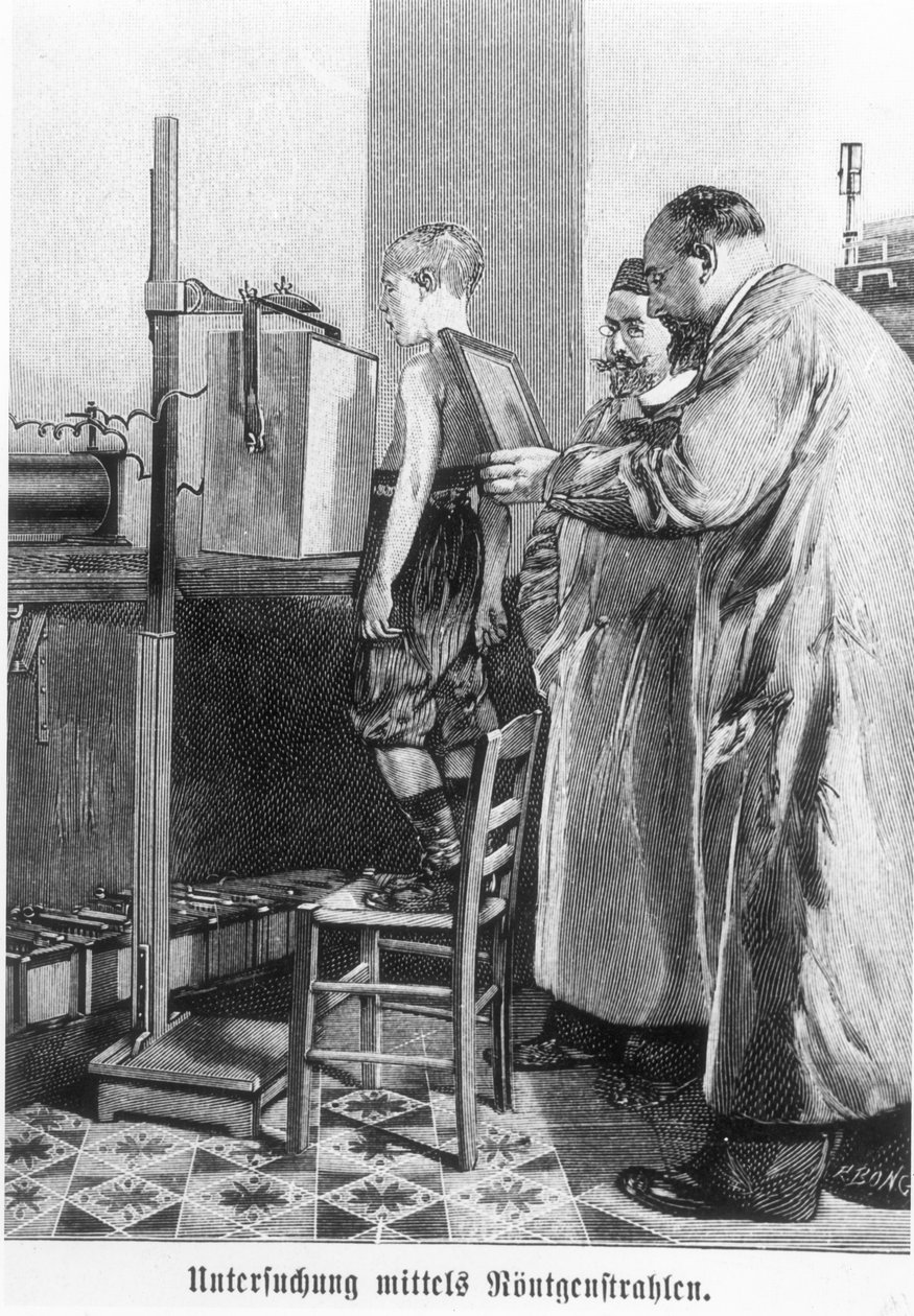 Wilhelm Konrad Roentgen (1845-1923) radiografando um jovem, de um livro de Hans Kraemer, c.1898-99 de German School