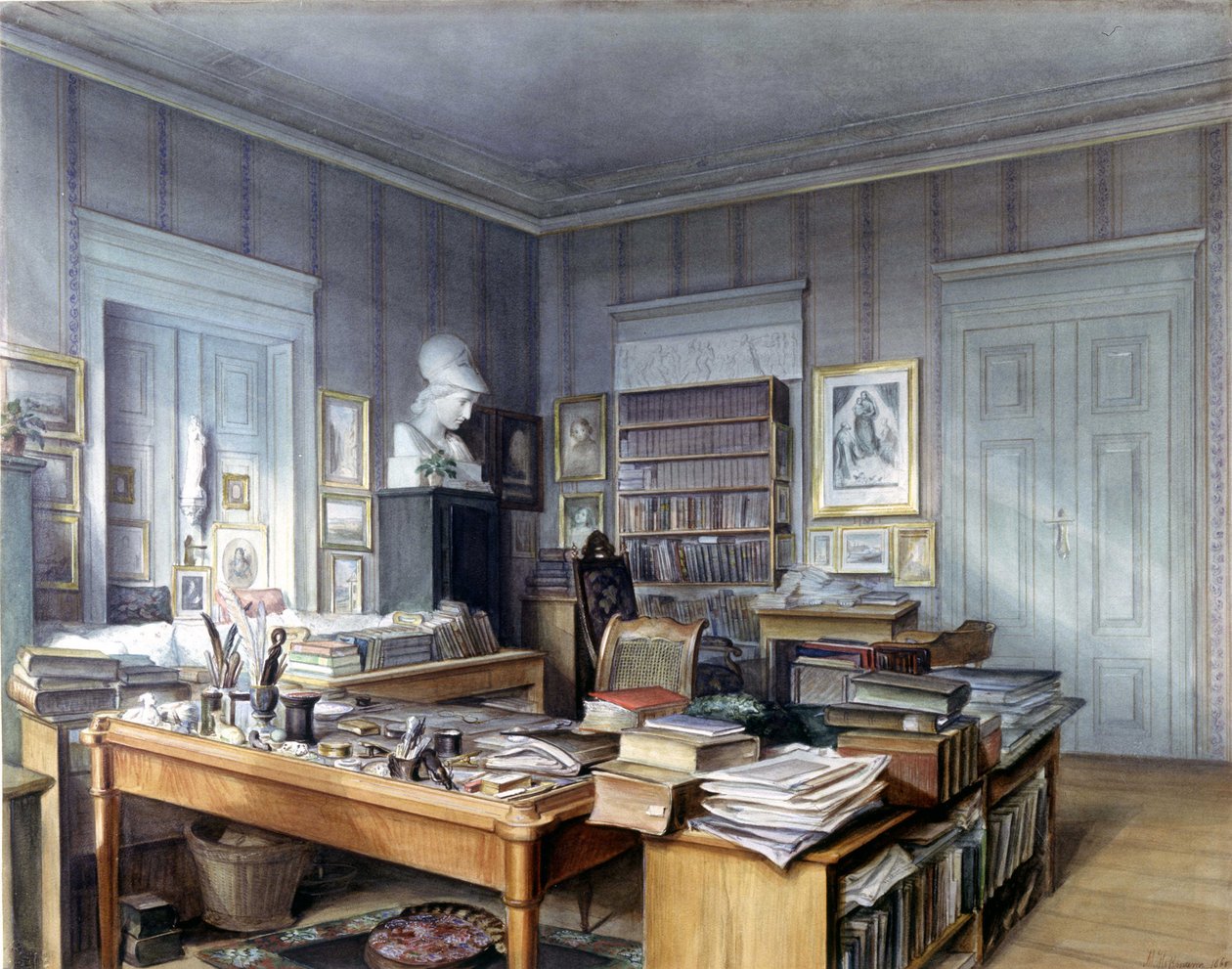 Sala de trabalho de Wilhelm Grimm (1786 -1859) em Berlim, 7 Linkstrasse. Gravado pelo Sr. Hoffmann. Museu Nacional, Nuremberga. 1860. de German School