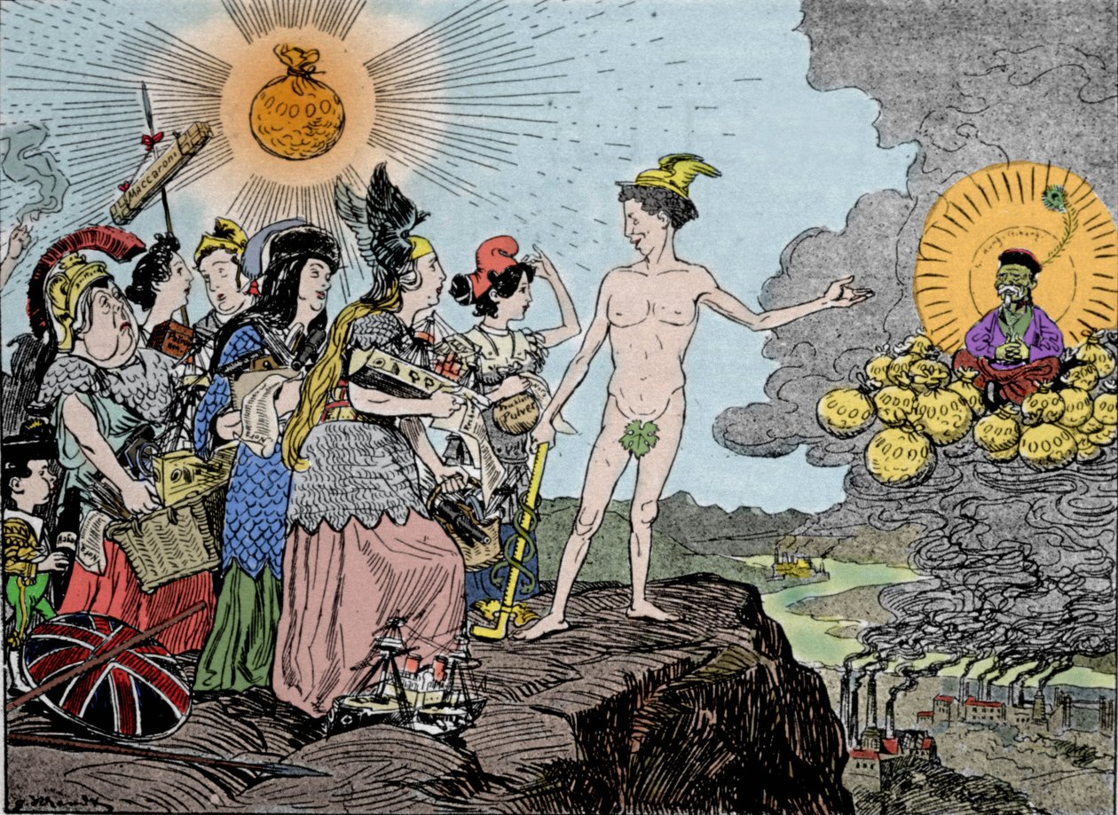 Perigo amarelo: o inimigo do Oriente está se aproximando - Prepare-se para a liquidação - Povos da Europa vendem seus bens mais caros! Prato de Kladderadatsch, Berlim 1895 de German School