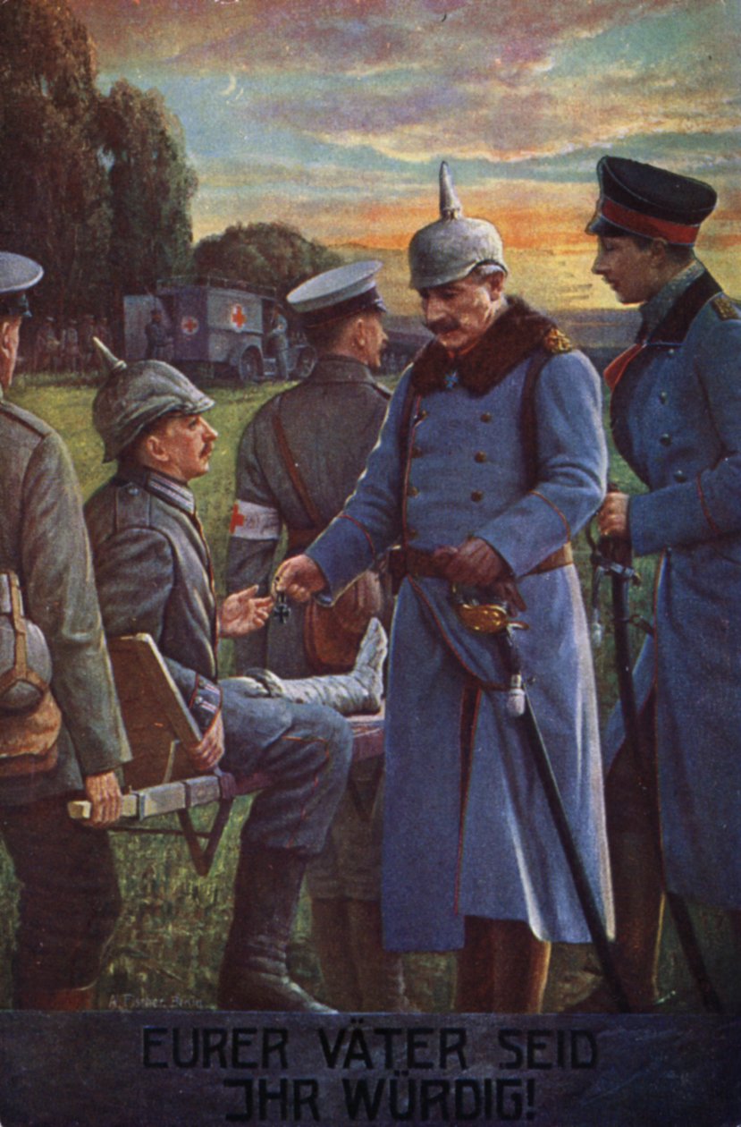 Sois dignos dos vossos pais: O Kaiser Wilhelm II condecorando um soldado alemão ferido com a Cruz de Ferro (litografia a cores) de German School