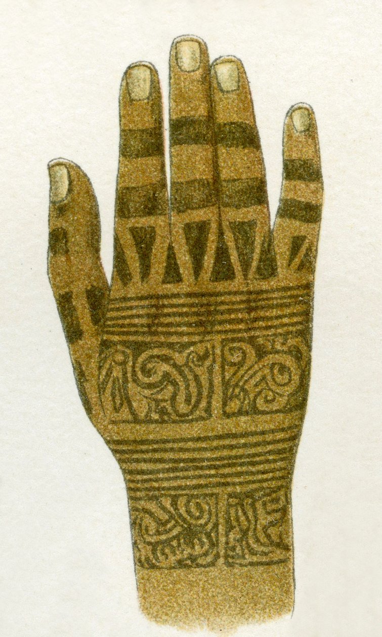 exemplo de desenhos de tatuagem de mão de Dayak, Bornéu, 1894 de German School