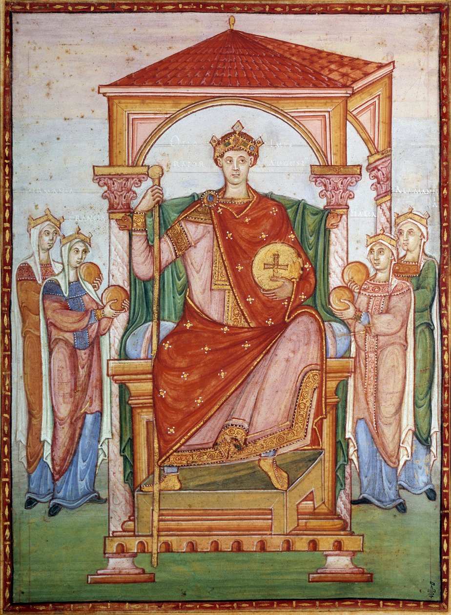 Otton III (980-1002) Imperador germânico recebendo a homenagem das nações Miniatura do manuscrito "Evangélico de Otton III", final do século X. Chantilly, Museu Conde de German School