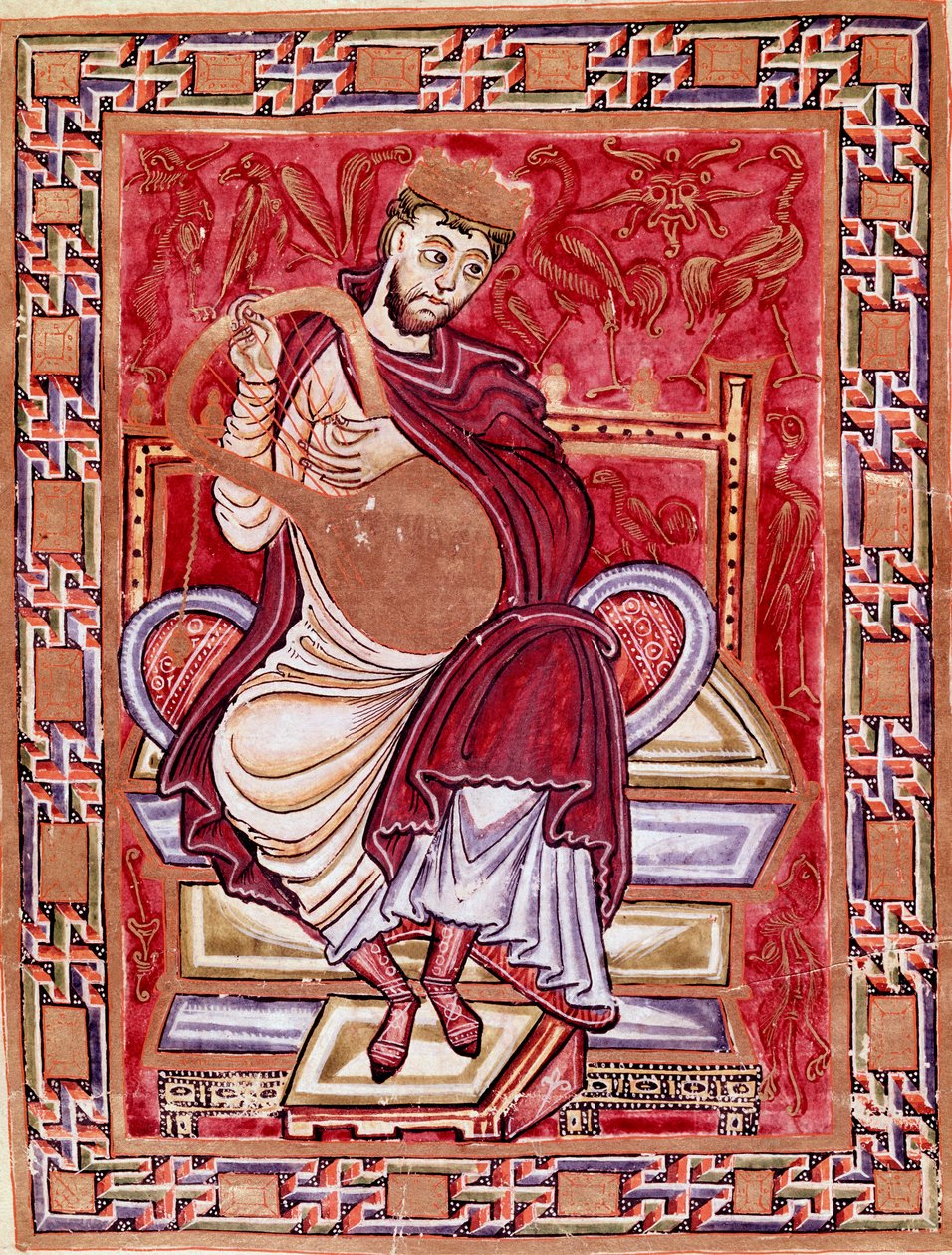 Representação do rei David tocando a lira Miniatura do códice de Egbert (Codex Egberti) pela escola de Reichenau 980 Cividale del friuli, museo archeologico ou Cathedrale de Cividale (Rei David no trono, miniatura do "Psalterium Egberti" 993 de German School