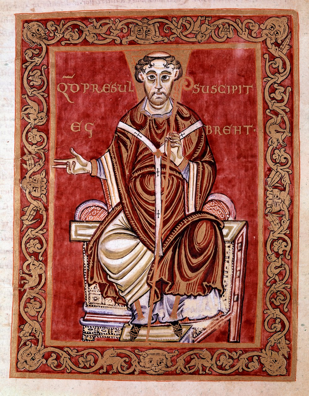 A Eveque Egbert de Treves recebe o saltério das mãos do monge Rudprecht (não representado aqui) - Miniatura do Codex de Egbert (Codex Egberti) pela escola de Reichenau, 980 - Cividale del friuli, museo archeologico ou Cathedrale de Civid de German School
