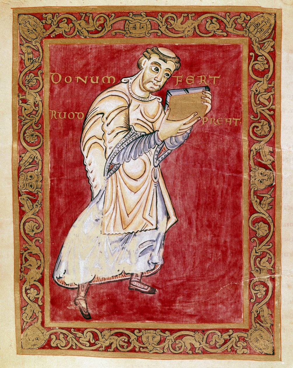 O monge Ruodprecht leva o manuscrito para o arco Egbert de Treves (977-993) Miniatura do Codex de Egbert (Codex Egberti) pela escola de Reichenau. Cividale del Friuli, Museo Archeologico ou Cathedrale de Cividale de German School