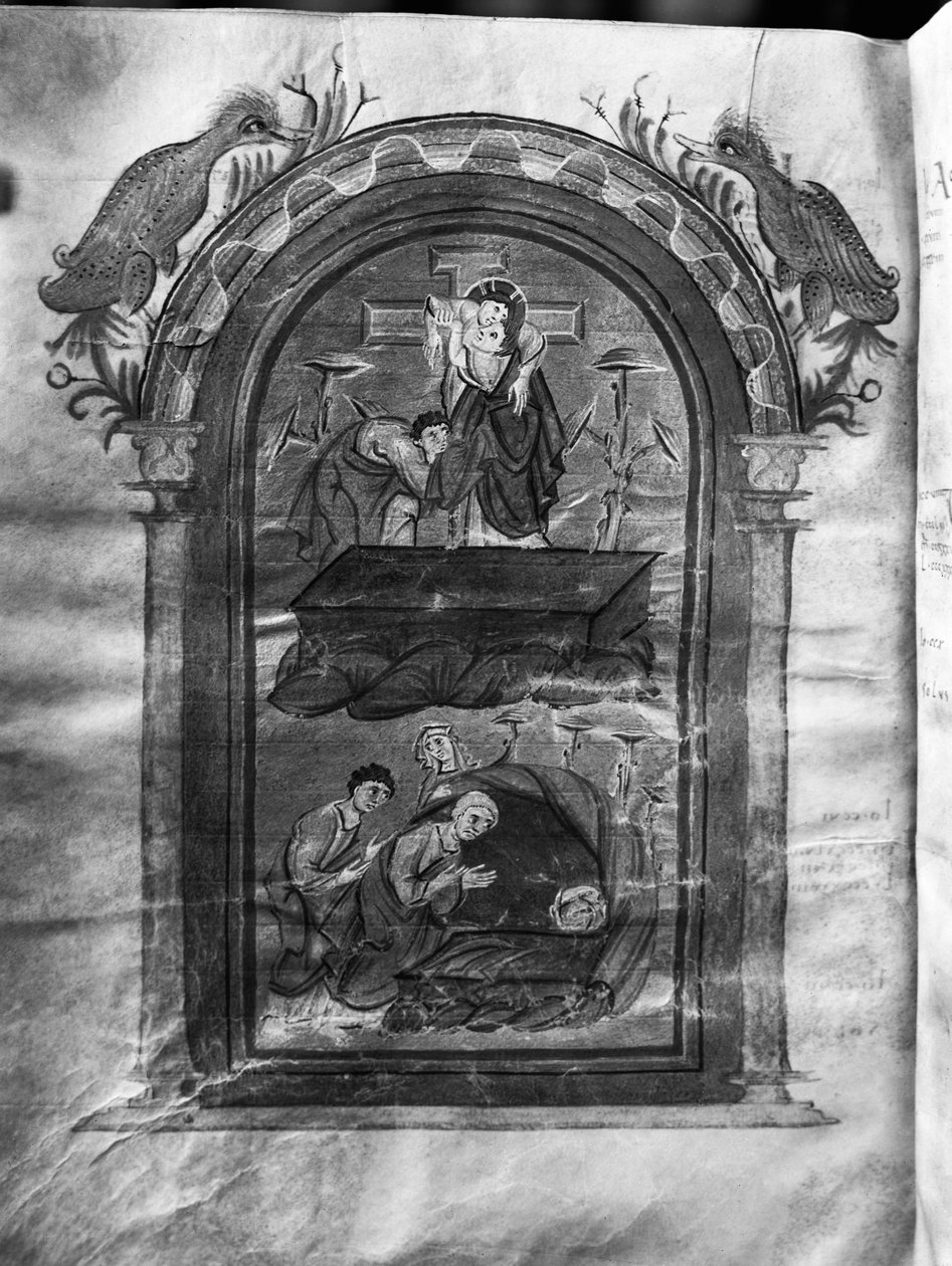 f.234v, Descida da cruz e visita dos discípulos ao túmulo, Liuthar-Evangeliar / Otto-Evangeliar, c.990 (tempera on vellum) de German School