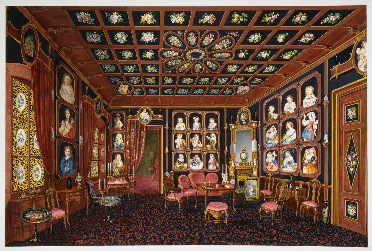 Salão de conversação em Villa Lazarovich, residência Trieste de Maximilian dos Habsburgos (1832-1867), tempera por Germano Prosdocimi de Germano Prosdocimi