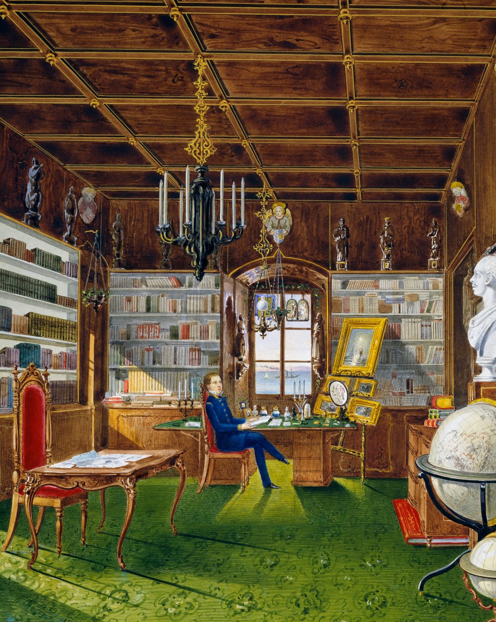 A Biblioteca em Villa Lazarovich, residência de Trieste de Maximiliano de Habsburgo (1832-1867), têmpera de Germano Prosdocimi de Germano Prosdocimi