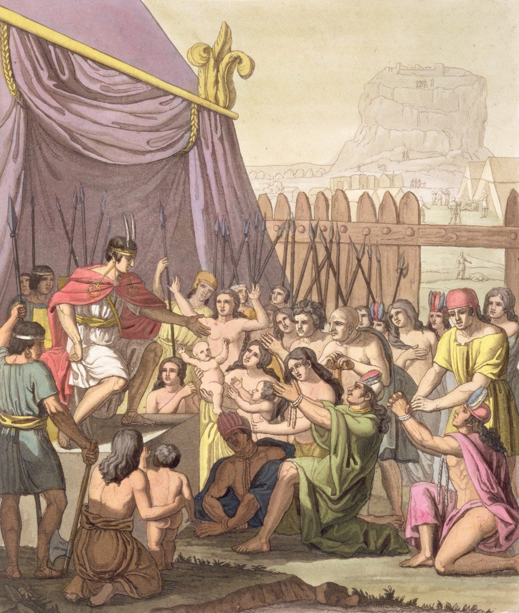Clemência de Mayta-Capac: oferece perdão aos chefes tribais conquistados de Caeyaviri, Peru, de &39;Le Costume Ancien et Moderne&39;, Volume I, prato 18, de Jules Ferrario, publicado c.1820s-30s de Gerolamo Fumagalli