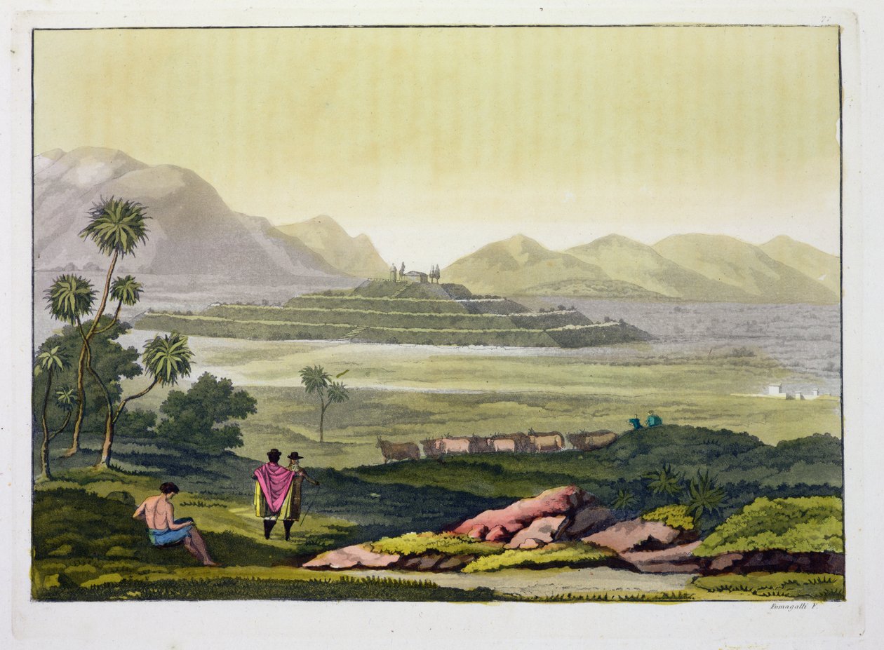 Teocalli, o grande templo em Tenochtitlan, México, asteca (litografia) de Gerolamo Fumagalli