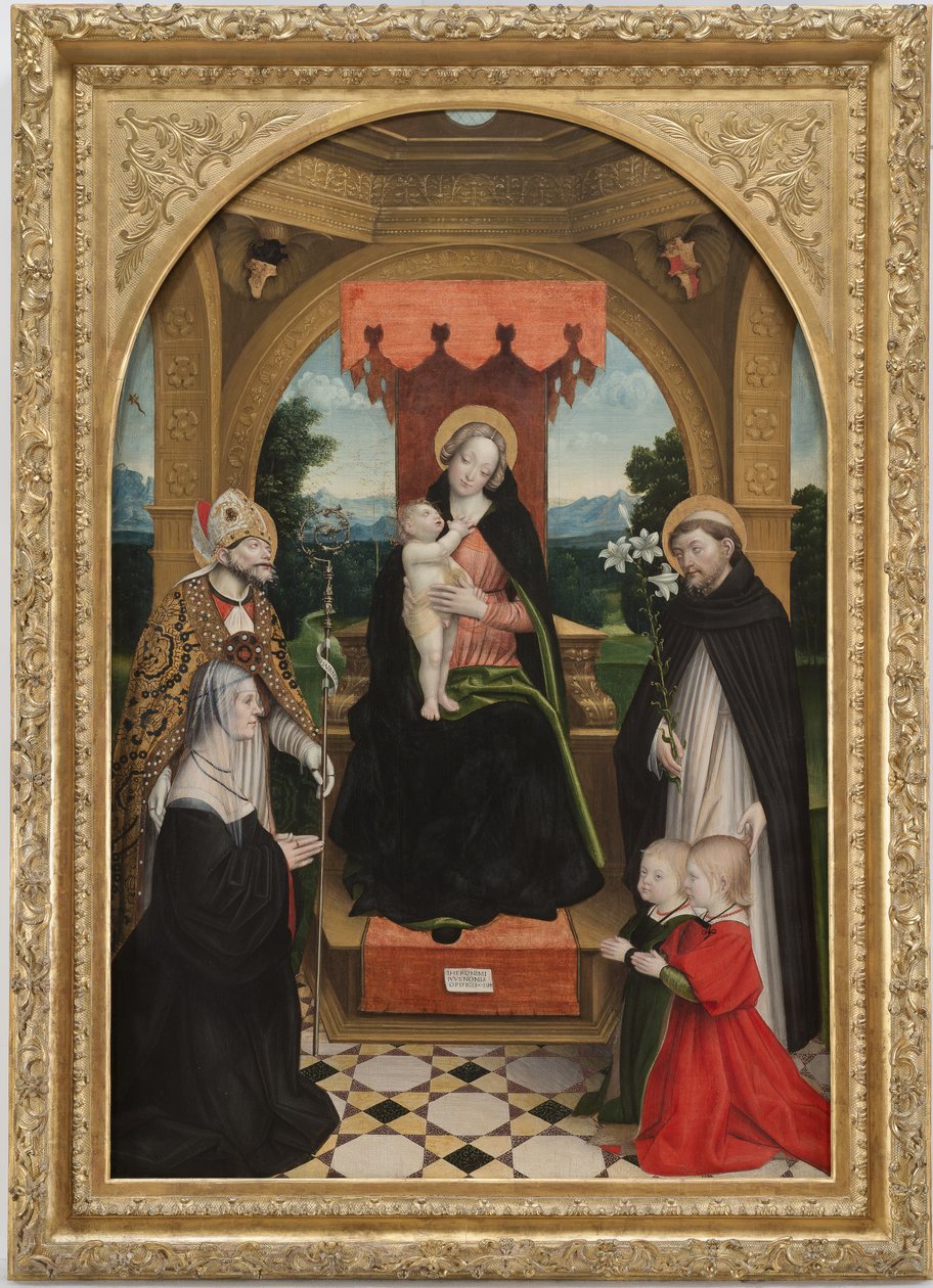 Madonna entronizou com a Criança entre os Santos Abílio e Domingos, a comissária Ludovica Buronzo e seus filhos Pedro e Jerônimo de Gerolamo Giovenone