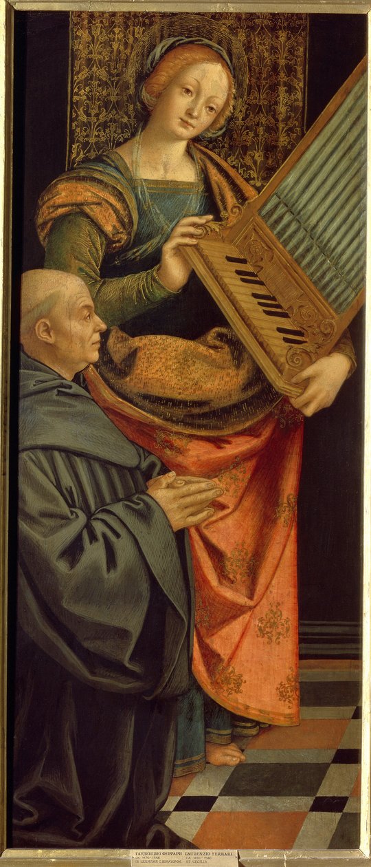 Santa Cecília de Roma (século III) (Santa Cecília). Transportando um órgão, com um monge ajoelhado em oração a seus pés. Pintura de Gerolamo Giovenone (1490-1555), tempera sobre madeira, depois de 1530. Arte italiana (Milão) de Gerolamo Giovenone