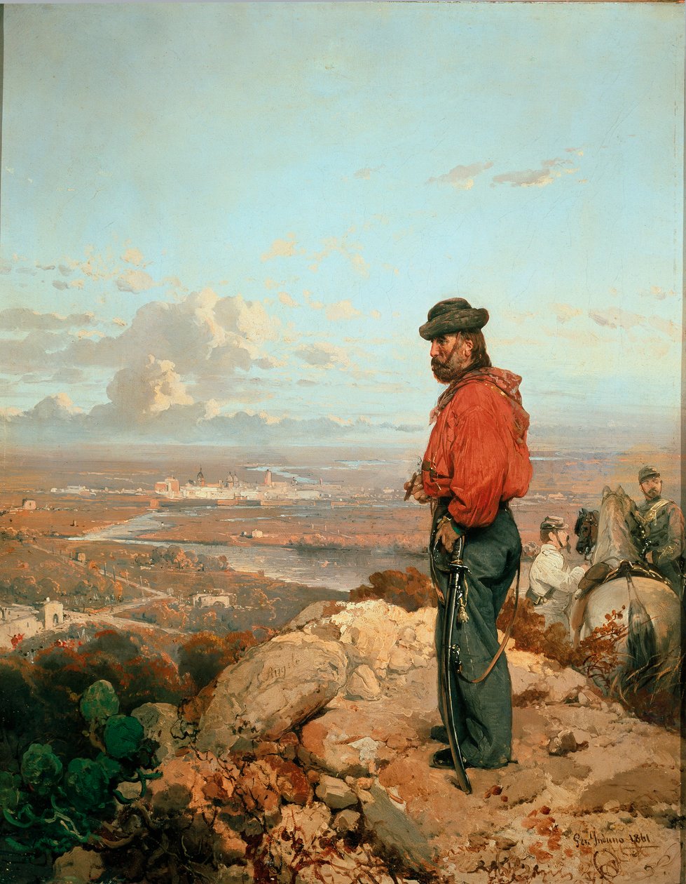 Unidade Italiana: "" Retrato de Giuseppe Garibaldi (1807-1882) em frente de Cápua (Capua) em 1860"". Pintura de Gerolamo (Girolamo) Induno (1825-1890) 1861 Museo del Risorgimento, Milão de Gerolamo Induno