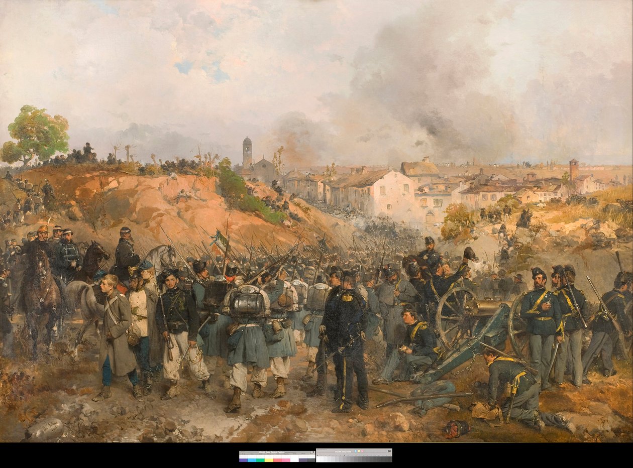Risorgimento, Segunda Guerra da Independência Italiana: A Batalha de Palestro em 30/05/1859 entre o Império Austríaco e as forças combinadas do Reino da Sardenha-Piemonte e da França Pintura de Gerolamo Induno (1825-1890) 1860 Coleção particular de Gerolamo Induno