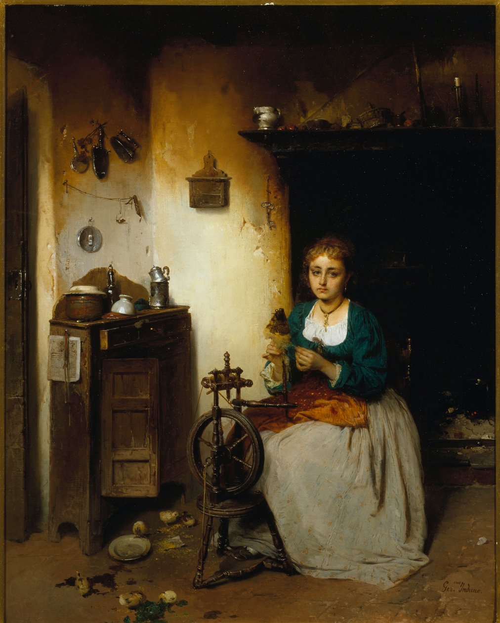Jovem fiando lã, sua expressão é triste e seu interior miserável. Pintura de Gerolamo (Girolamo) Induno (1825-1890) Dim. 65x52 cm Genes Nervi, Galleria d