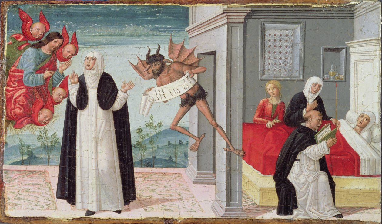 Santa Catarina de Siena intercede com Cristo para libertar a moribunda irmã Palmerina de seu pacto com o diabo (tempera no painel) de Gerolamo di Benvenuto