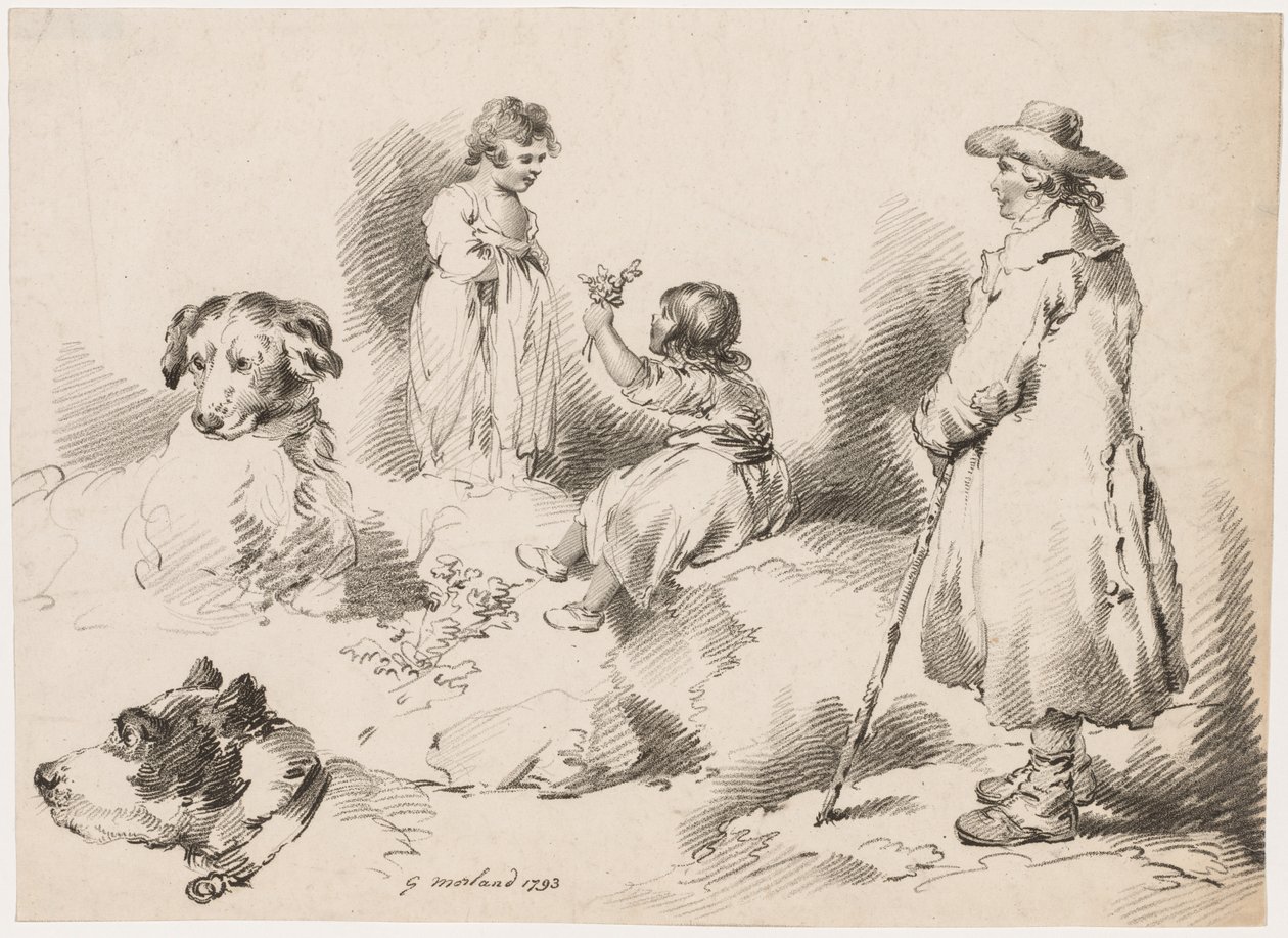 Estudos de Crianças Duas Meninas, Dois Cães, Um Homem, 1793. de Gerrard Street J. Harris Soho