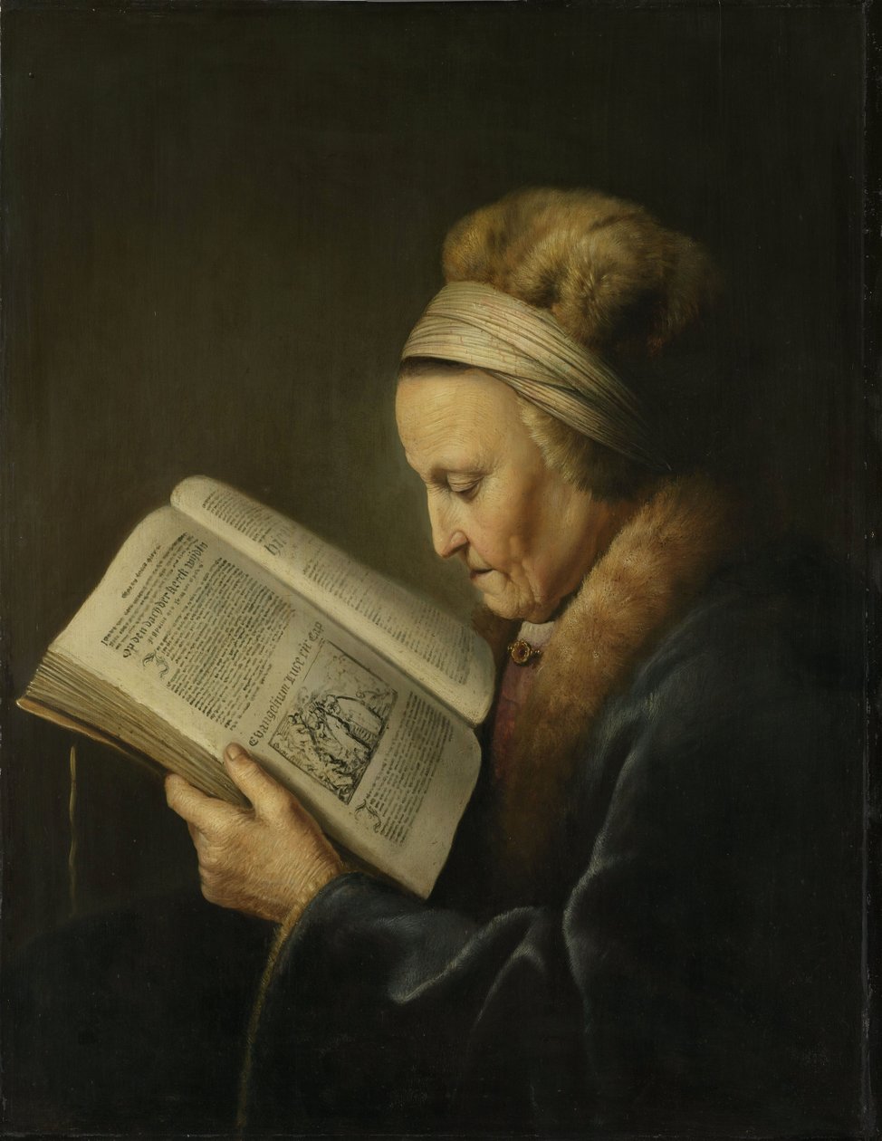 Retrato, de, um, mulher velha, leitura de Gerrit Dou
