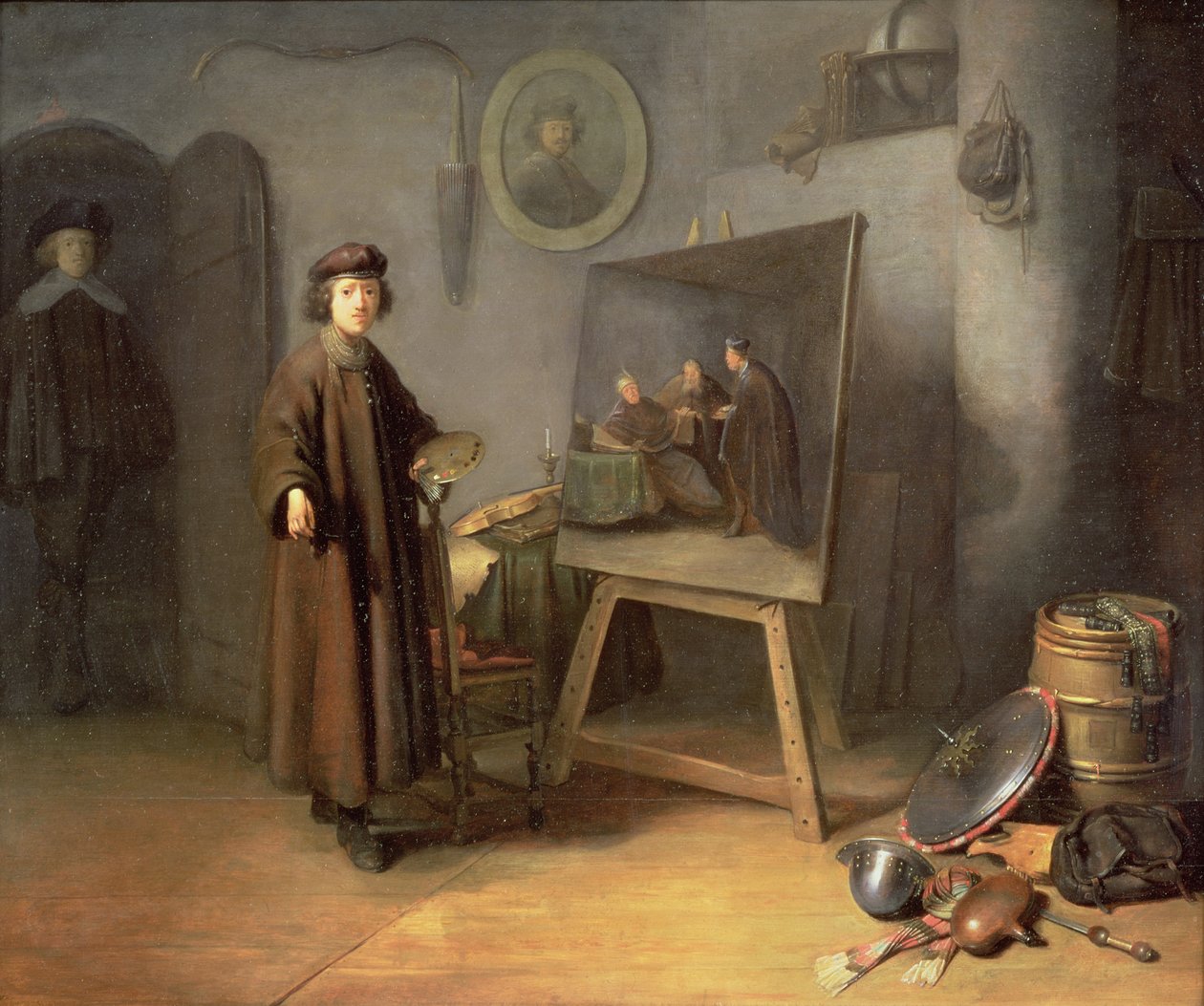 Um pintor em seu estúdio (painel) de Gerrit Dou