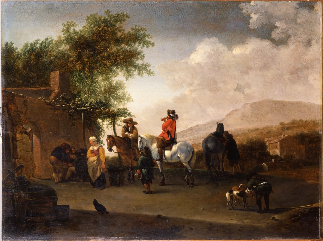 Viajantes a cavalo tomando um refresco em uma passagem de montanha, em uma paisagem italiana de Gerrit Adriaensz Berckheyde