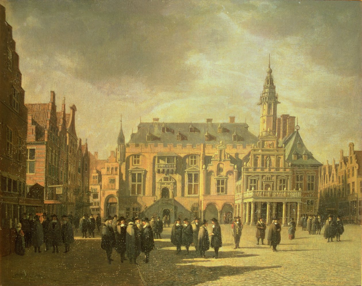Vista da Câmara Municipal na Praça do Mercado de Haarlem de Gerrit Adriaensz Berckheyde