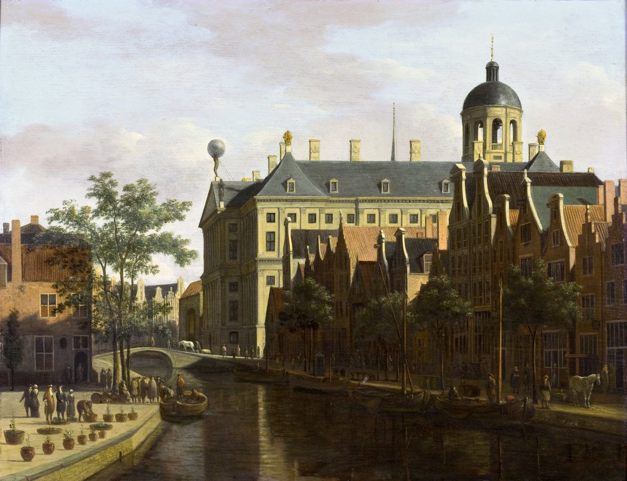 Amesterdão, o Nieuwezijds Voorburgwal perto do Bloemmarkt de Gerrit Adriaenszoon Berckheyde